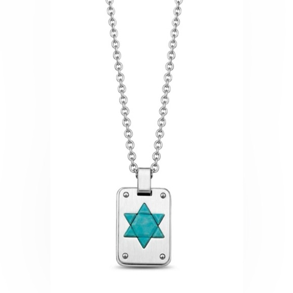 Turquoise and Stainless Steel Star of David Dog Tag On 24” Chain